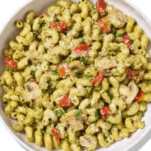 Cavatappi noodles in creamy basil pesto sauce, grape tomatoes and mushrooms, topped with parmesan and fresh herbs.